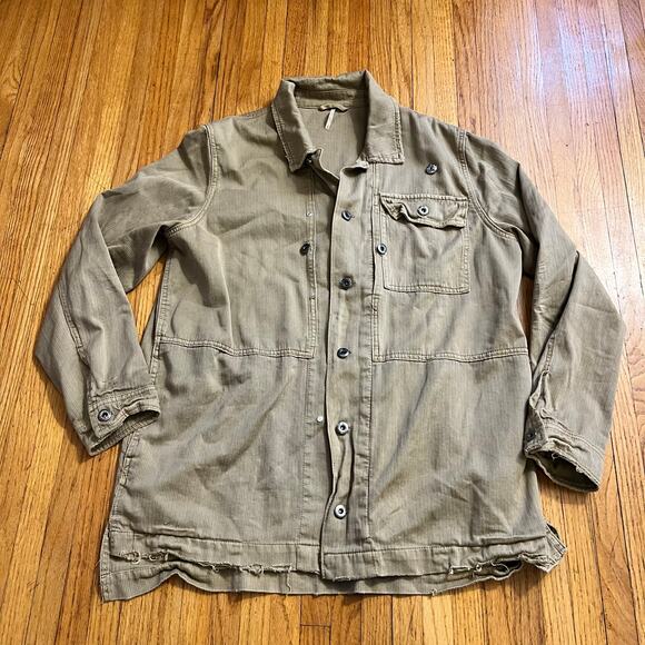 Free People Jacket Womens Large Tan Utility Distressed Button Coat * - Picture 1 of 9